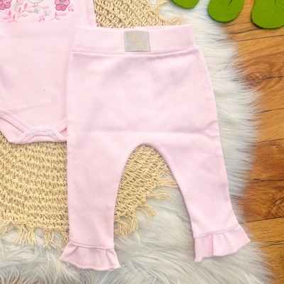 CONJ. DE MALHA 3 PEÇAS - Passarinho com Flores Bordadas - Rosa Bebê